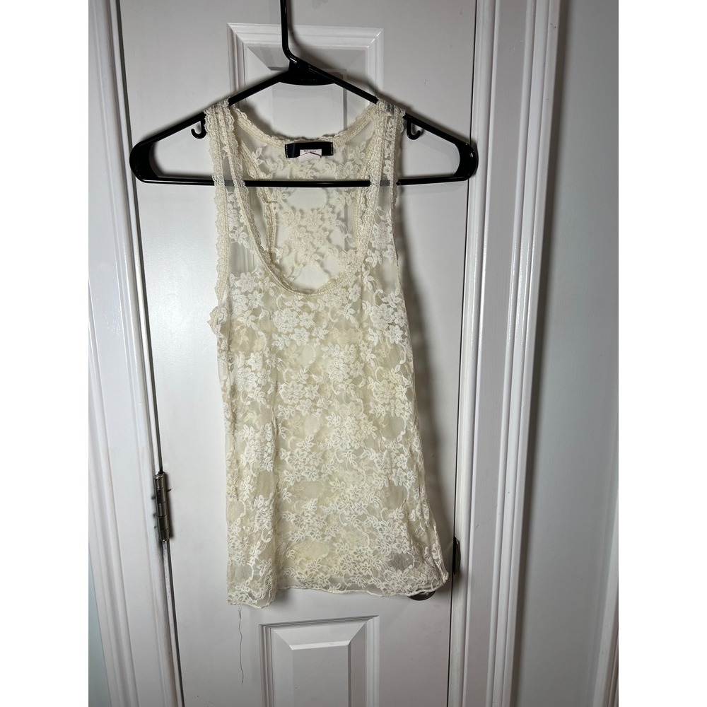 Cream Floral Lace Racerback Tank Top Sheer Sleeveless Scoop Neck Ivory Medium